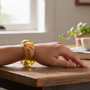 Vintage 30s -40s Apple Juice Bakelite Bangle Carved Painted Flamingo Lotus